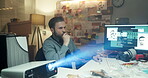 Smoking, detective and man in office, computer or serious for criminal investigation, web or search. Thinking, police officer and suspect info on screen, planning and person with evidence for case