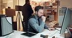 Computer, man and detective in office with typing for research on case with problem solving. Technology, thinking and professional male private investigator with surveillance for investigation.