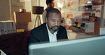Night, men and computer in workplace, crime investigation and online report with evidence. Evening, detective and people in office, pc and serial killer trace with internet, precinct and email
