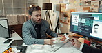 Station, police and men with document, investigation or review of legal report, talking or evidence. Detective, partnership and people with record for crime info, computer and research on screen