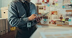 Detective, tablet and hands with man in office for police records, evidence board and mind map. Crime investigation, criminal database and case links with person in precinct for murder clues research