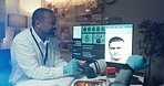 Men, officer and talking with computer in office of investigation, evidence and review suspect. People, explain or pc screen for crime inspection, homicide feedback and information of murder briefing