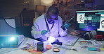 Man, forensics and dust gun for fingerprints, brush and uv light with tools for evidence at lab. African person, firearm and murder weapon with inspection, police exam or search for criminal identity