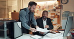 Documents, computer and detectives in office with meeting for solving case in collaboration. Paperwork, team and male private investigators with discussion for briefing on investigation in workplace.