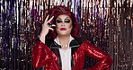 Makeup, drag artist and cosmetics with face for performance, show and confidence in club. Beauty, aesthetic and person with portrait for lgbtq, art and attitude for self expression or individuality