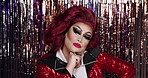 Cosmetics, face and thinking with drag artist in nightclub for aesthetic, performance or show. Beauty, lgbtq ideas and makeup with performer person in theater for attitude, self expression or vision