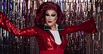 Drag queen, face and laughing with performance in fashion for welcome, stage entrance or act. Portrait, person or feminine performer with introduction for show business or entertainment in nightclub