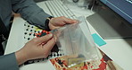 Person, hands and officer with evidence for crime scene, private investigation or murder case. Top view, investigator or detective with victim clue for criminal suspect, serial killer or police work