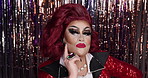 Face, makeup and thinking with drag artist in nightclub for aesthetic, performance or show. Beauty, cosmetics and lgbtq ideas with performer person in theater for attitude, self expression or vision