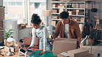 Inventory, laptop or people in small business with boxes, cargo package or partnership. Tape, startup or entrepreneurs with teamwork for online order or shipping company website or sealing parcel