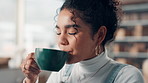 Woman, drinking coffee and smile at office, ecommerce or reflection with stock at warehouse. Person, happy and thinking with tea cup, insight or dropshipping inventory with product storage at company