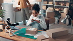 Label, phone and woman with boxes for supply chain, logistics and distribution business. Ecommerce, package and person on smartphone for picture of shipping orders, invoice and online delivery update