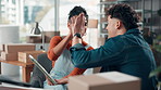 High five, tablet or happy people in office with logistics goal, shipping success or teamwork. Startup, approval or excited entrepreneurs in small business for order, online sales or inventory target