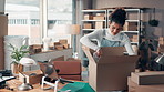 Laptop, box and businesswoman in office with order for ecommerce, logistics or distribution. Supply chain, computer and entrepreneur with packages for online sales with shipping, delivery or export.