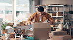 Laptop, box and businessman in office with order for ecommerce, logistics or distribution. Supply chain, computer and entrepreneur with packages for online sales with shipping, delivery or export.