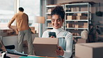 Label, phone and woman with boxes for logistics, supply chain and distribution business. Ecommerce, package and person on smartphone app to scan shipping orders, invoice and online delivery update