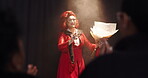 Applause, champagne and flowers with drag performer in theater for lgbt culture, nightlife and spotlight show. Queer identity, entertainment and winner with person at event for celebration and pride