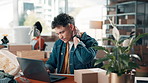 Man, neck pain and stress with laptop at office, fashion or massage for burnout with ecommerce logistics. Person, computer and inflammation for inventory management, distribution or fatigue with job