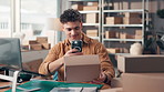 Happy man, logistics or phone with boxes for inventory, distribution or delivery in online store. Male person, distributor or mobile smartphone with package for shipping app, supply chain or stock