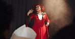 Applause, audience and stage with drag performer in theater for lgbt culture, nightlife and spotlight show. Queer identity, entertainment and winner with person at event for celebration and pride