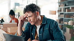 Man, headache and tired with laptop for logistics, e commerce and stress with burnout at office. Person, computer and migraine with pain for inventory management, distribution or fatigue at company