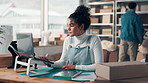 Tablet, business and woman with boxes for supply chain, shipping and logistics in office. Laptop, ecommerce and person on digital tech for online inventory, delivery checklist and distribution