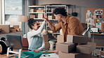 Smile, people and high five with laptop for distribution success, ecommerce and sales target. Excited, staff and pc with delivery achievement, shipping deal and celebration of supply chain promotion