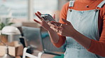 Typing, phone and hands of woman with boxes for supply chain, logistics and distribution business. Ecommerce, package and person on smartphone for shipping orders, contact and online delivery update