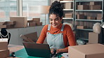 Laptop, shipping and happy woman typing in office for small business, distribution and supply chain. Technology, logistics and worker with computer for stock, jewelry sale and reading review online