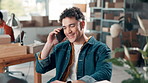 Ecommerce, smile and man with laptop, phone call and invoice with distribution, sales and boxes. Packaging, entrepreneur and person with smartphone, services or inventory with shipping or digital app