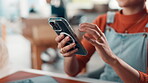 Shipping, phone and hands with woman in warehouse for delivery schedule, logistics and online order. Distribution, email confirmation and supply chain invoice with person in small business for cargo