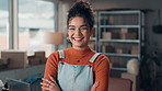 Face, shipping and happy woman in small business with arms crossed for logistics and ecommerce. Portrait, confidence and entrepreneur in office for distribution, procurement and laughing in Portugal