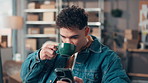Coffee, phone and business man with boxes for shipping, distribution and supply chain. Happy, break and person with drink on smartphone for internet, website and online inventory for logistics