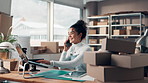 Supply chain, boxes and woman with laptop, phone call and connection with distribution, app or invoice. Packaging, entrepreneur or person with cellphone, ecommerce or inventory with shipping or sales
