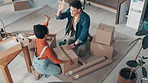 Woman, man and high five with boxes, ecommerce and support for success with small business. People, team and above with celebration, tape and package for dropshipping, happy and goals at company