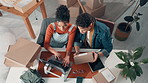 Above, laptop and business people with boxes, ecommerce and package with startup. Employees, cardboard and computer for online order, company website or checklist for inventory, teamwork or logistics