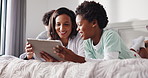 Bedroom, reading or tablet with boys and mother in home together for bonding or storytelling. App, ebook or morning with African family on bed in apartment for child development, growth or learning