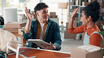 High five, tablet or happy people in small business with logistics goal, package or teamwork. News, approval or excited entrepreneurs with startup success for order, online sales or inventory target