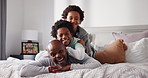 Face, piggyback and father with kids in bedroom for love, laugh or relax with happy brothers in home. African family, dad or children on bed with parent for support, portrait or funny joke in morning