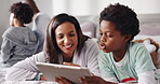Bedroom, reading or tablet with mother and son in home together for bonding or storytelling. App, conversation and ebook with African family on bed in apartment for development, growth or learning