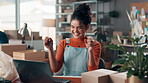 Fist pump, happy and businesswoman in office with laptop for good news with order confirmation. Celebration, cheering and female entrepreneur with computer for startup funding approval in workplace.