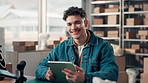Tablet, shipping and face of happy man in office for small business, distribution and portrait. Technology, logistics and worker with app for stock management with jewelry fulfillment coordinator