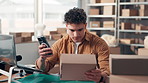 Man, logistics or phone with boxes for price check, inventory or stock control in online store. Male person, distributor or mobile smartphone with packages for shipping app, supply chain or tracking