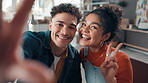 Selfie, peace sign and logistics with people in warehouse for shipping, memory or supply chain startup. Profile picture, delivery and small business with friends in factory for ecommerce and teamwork