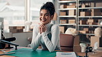 Face, confidence and happy woman in small business for logistics, ecommerce and shipping. Portrait, smile and entrepreneur in office for distribution, jewelry procurement and laughing in Spain