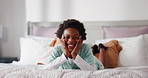 Face, boy and smile with black child in bedroom for relax, comfort and peace in morning. Portrait, bed and African kid in home for rest, calm and weekend break with development on mattress in Kenya