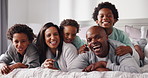 Face, parents and children laughing in bedroom for relax, love or brothers bonding together. African family, mom and portrait of dad with kids in home for funny humor, happy or connection in morning
