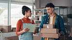 Teamwork, tablet or people in small business with boxes, package logistics or partnership. Talking, startup or entrepreneurs with technology for online order, company website or shipping inventory