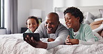 Selfie, silly and smile of black family on bed in home for bonding, morning fun or memories. App, funny or profile picture with excited father and sons in bedroom of apartment for break or photograph