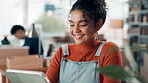Happy, boxes and woman with tablet, supply chain and ecommerce with distribution. Person, tech and entrepreneur in workspace, shipping and company website with inventory, sales and delivery logistics
